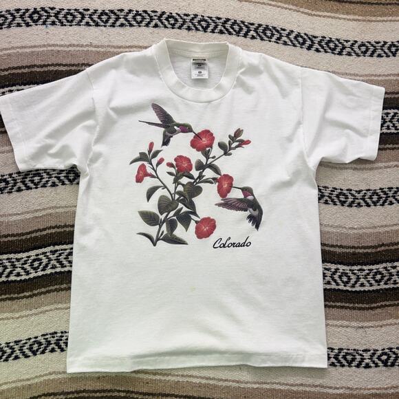 Fruit of the Loom Tops - Women's Vintage 90's Colorado Hummingbirds Flowers White Bird Tee Shirt Sz M VTG